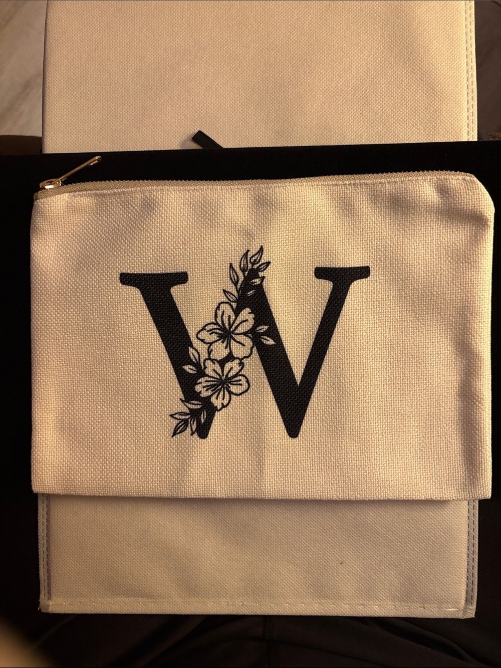 New Floral Monogrammed “W” Zippered Makeup Bag in Cream Natural Linen